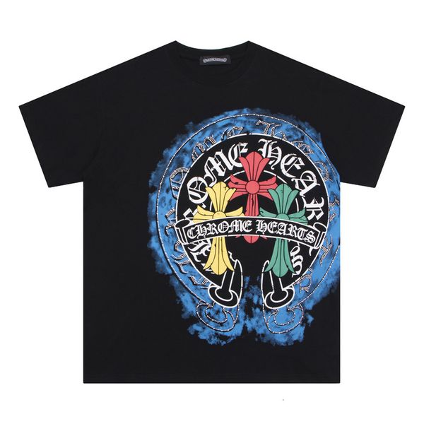 Designer Men Short Sleeve T Shirt Gothic Style Pure Cotton Horseshoe Cross Print Oversized Unisex Casual Tee