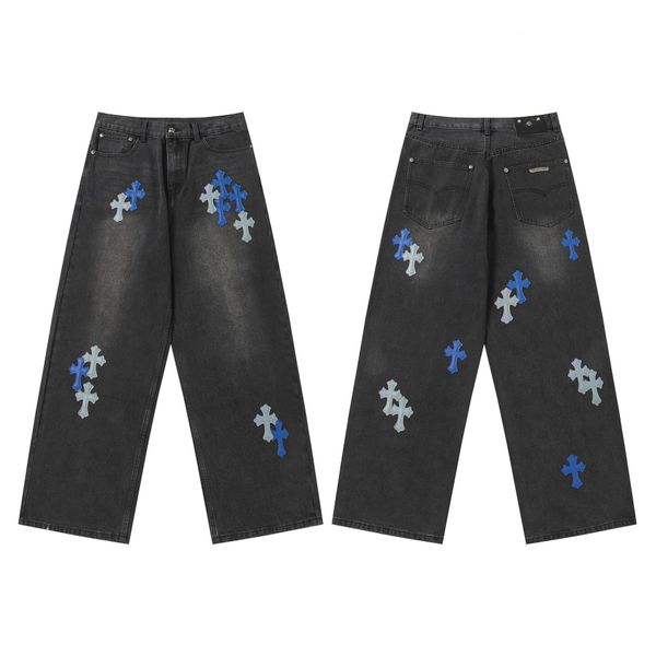 Designer Men Jeans Gothic Style Washed Denim Cross Embroidery Straight Leg Oversized Unisex Casual Pants